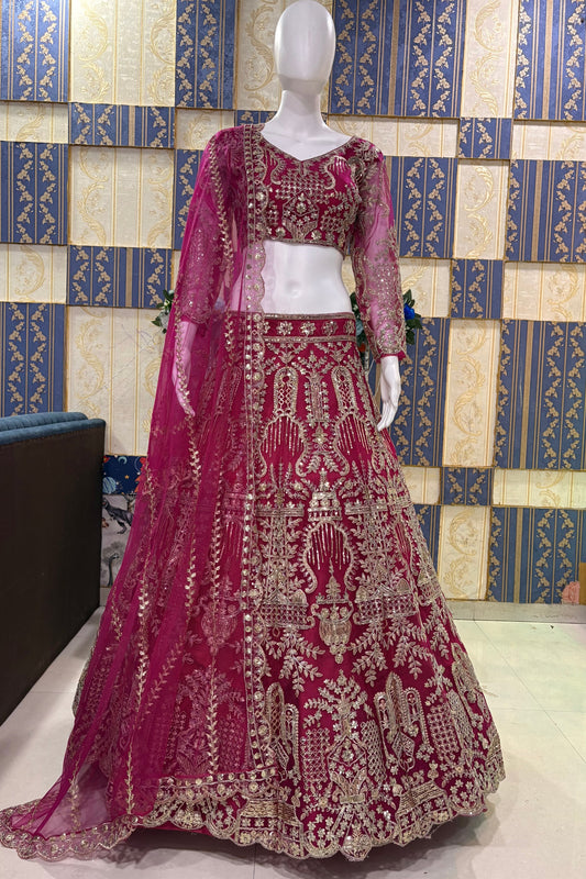 Beautiful Rani Pink Butterfly Net Lehenga Choli with Heavy Zari Embroidery Work and Matching Dupatta
