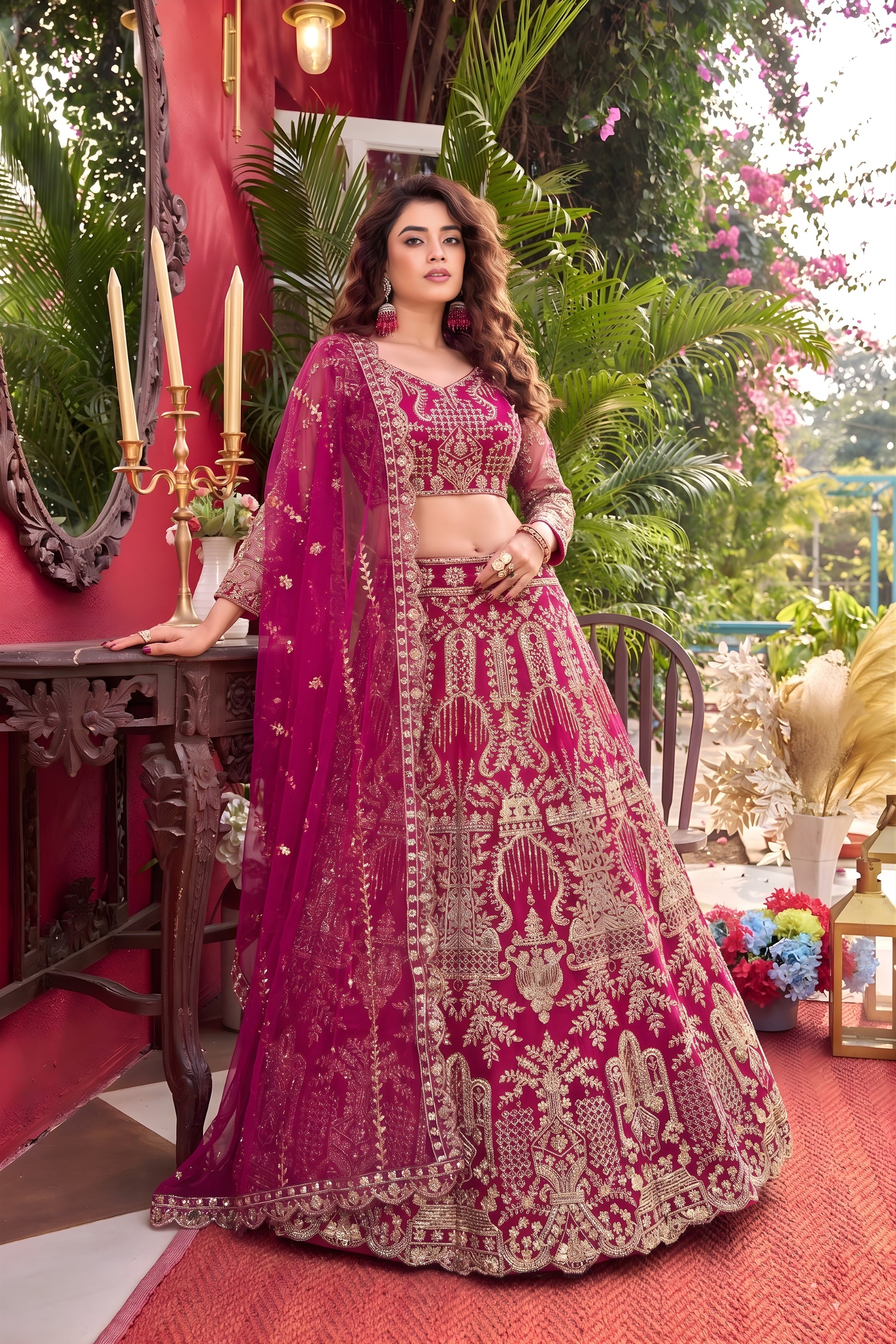 Awesome Rani Pink Faux Georgette Lehenga Choli with Heavy Zari Embroidery Work and Matching Dupatta