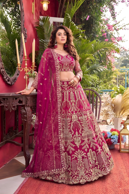 Awesome Rani Pink Faux Georgette Lehenga Choli with Heavy Zari Embroidery Work and Matching Dupatta