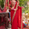 Luxury Red Faux Georgette Real Mirror Work Ready To Wear Saree for Women
