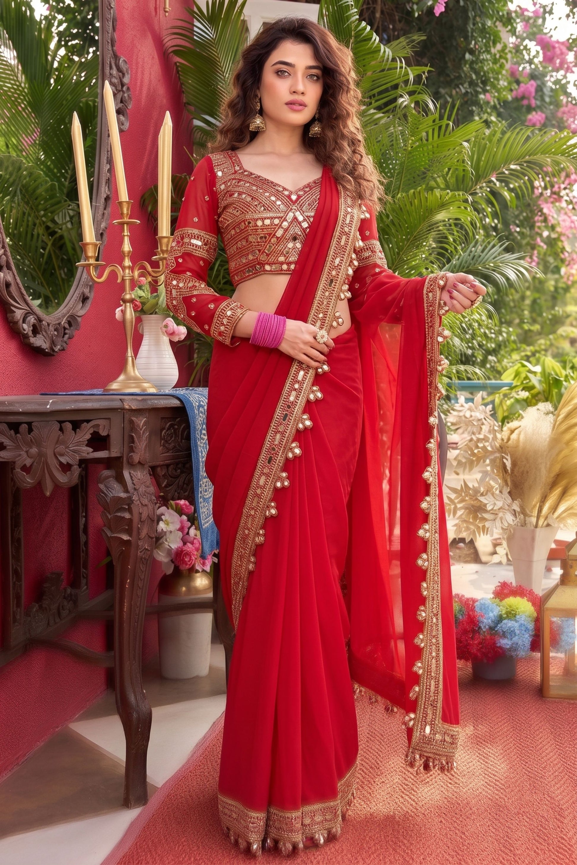 Luxury Red Faux Georgette Real Mirror Work Ready To Wear Saree for Women