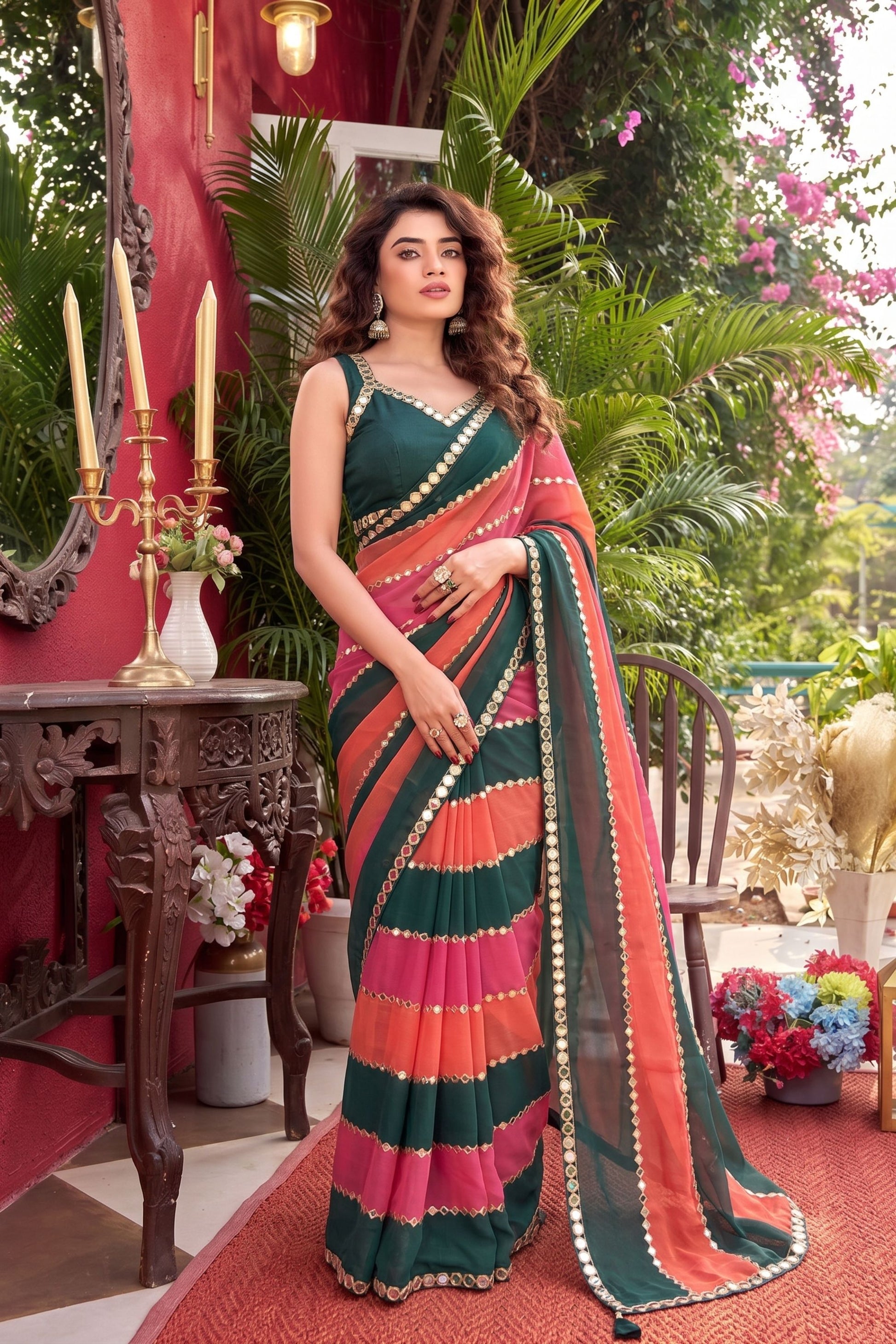 Elegant Dark Green Faux Georgette Real Mirror Work Saree for Women