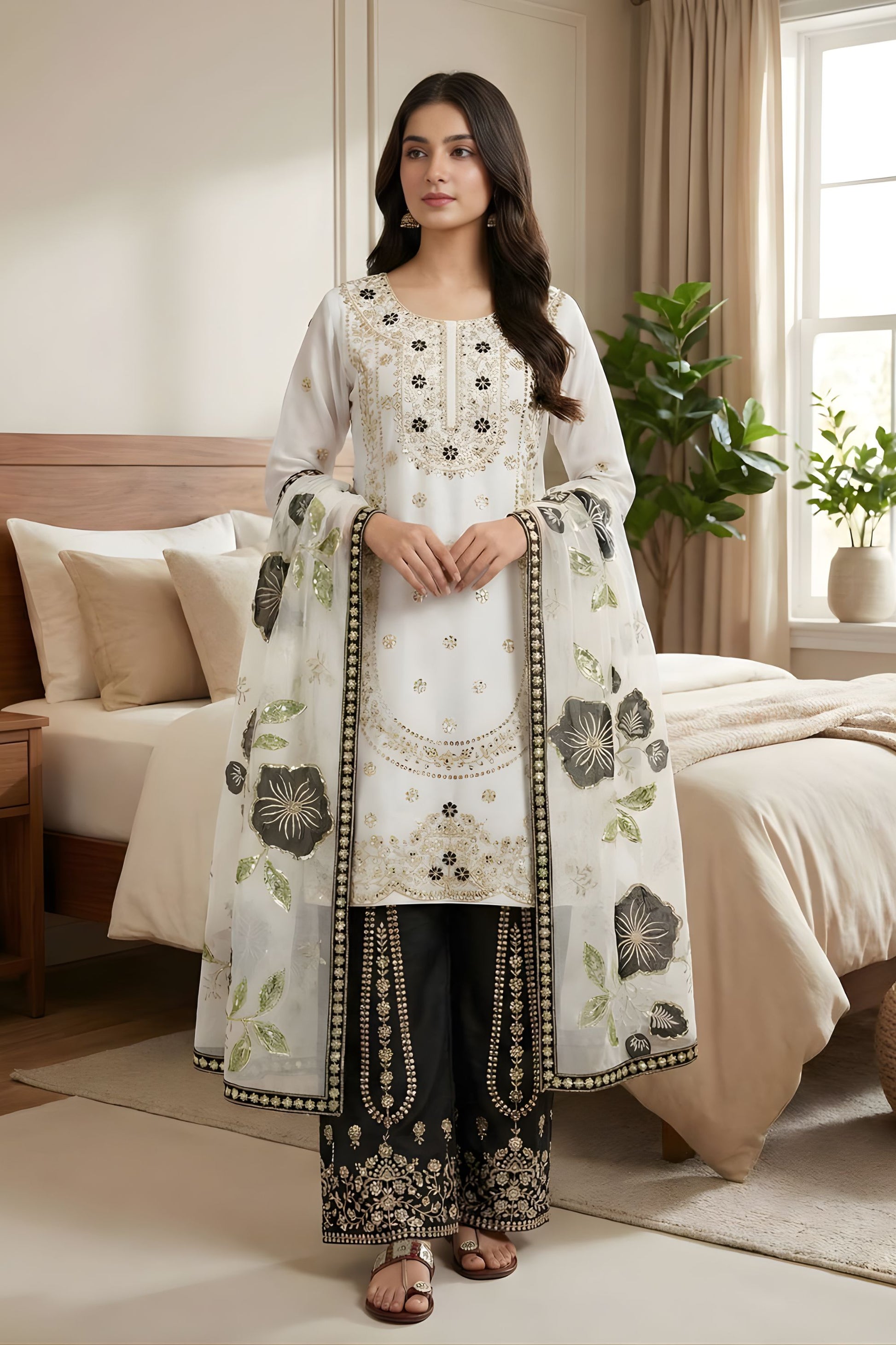Stylish Off White Pure GMY Silk Heavy Micro Cotton Palazzo Suit Dupatta for Women