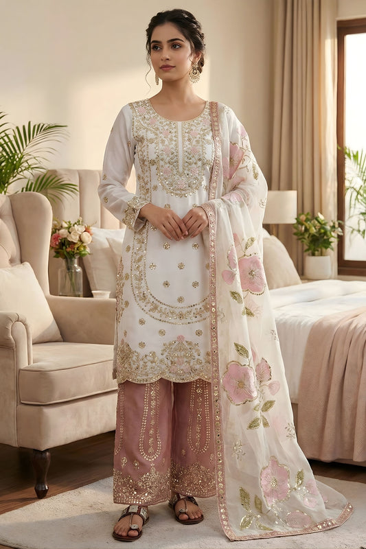 Luxury Off White Pure GMY Silk Heavy Micro Cotton Palazzo Suit for Women