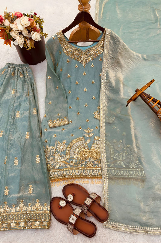 Royal Sky Blue Pure Pure Fendy Silk Heavy Embroidery Palazzo Suit for Women