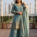Royal Sky Blue Pure Pure Fendy Silk Heavy Embroidery Palazzo Suit for Women