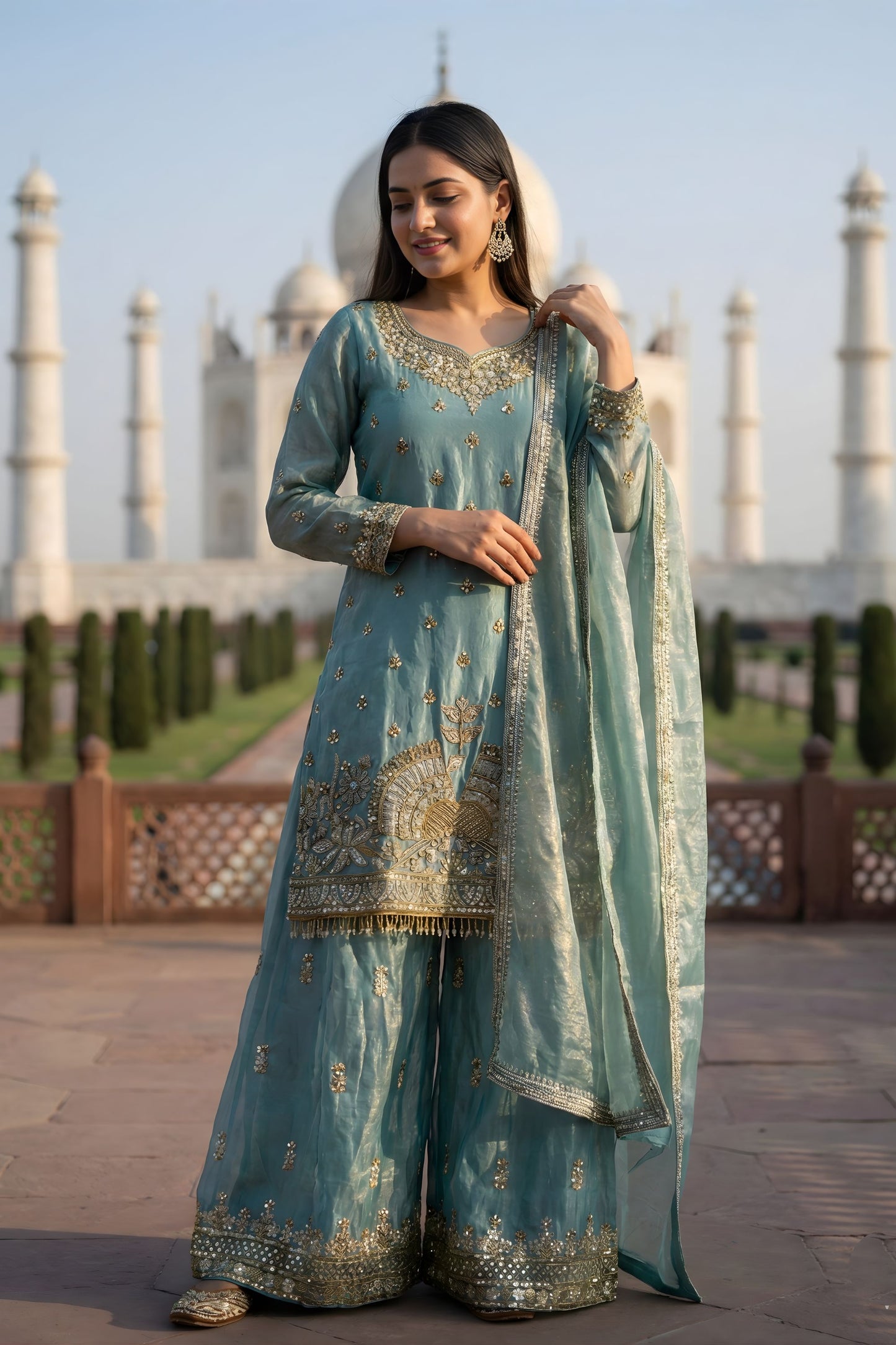 Royal Sky Blue Pure Pure Fendy Silk Heavy Embroidery Palazzo Suit for Women