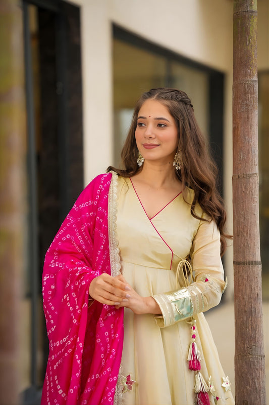 Stylish Off White Soft Chinon Complete Handmade Gottapatti Work Anarkali Suit