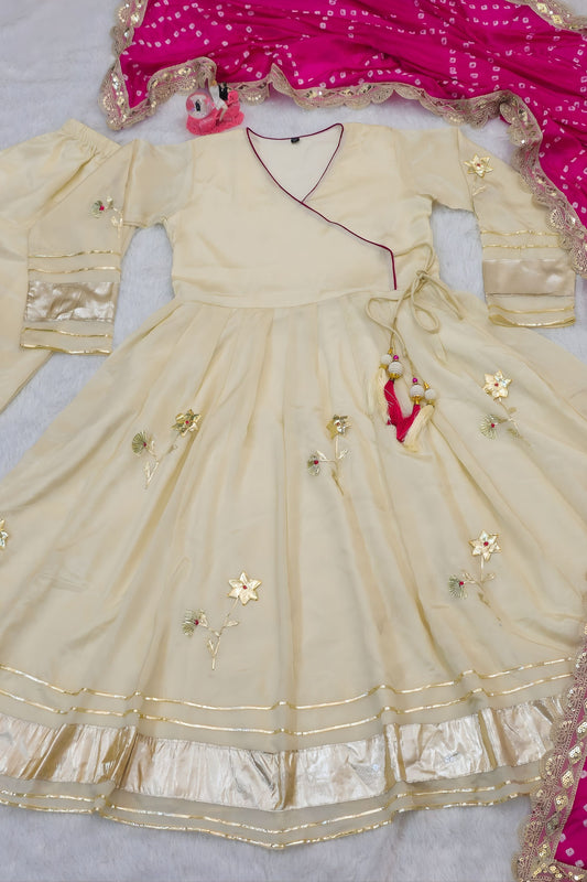 Stylish Off White Soft Chinon Complete Handmade Gottapatti Work Anarkali Suit