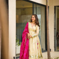 Stylish Off White Soft Chinon Complete Handmade Gottapatti Work Anarkali Suit 