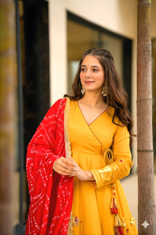 Graceful Mustard Yellow Soft Chinon Complete Handmade Gottapatti Work Anarkali Suit
