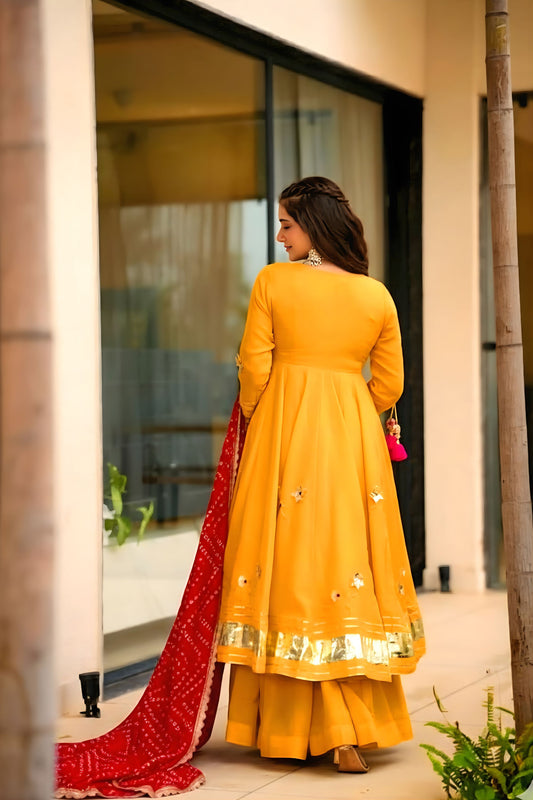 Graceful Mustard Yellow Soft Chinon Complete Handmade Gottapatti Work Anarkali Suit
