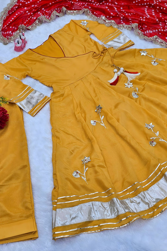 Graceful Mustard Yellow Soft Chinon Complete Handmade Gottapatti Work Anarkali Suit