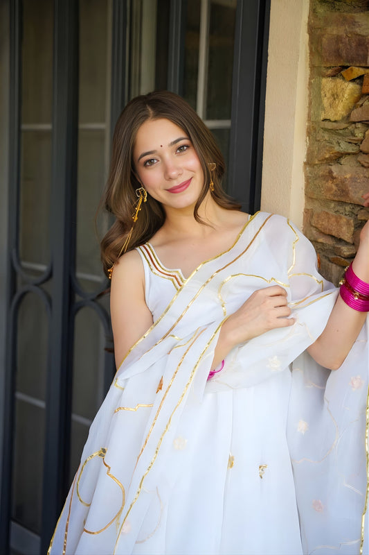 Stylish Off White Chiffon Handmade Gottapatti Work Anarkali Suit