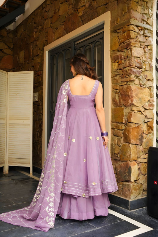 Premium Lavender Soft Chiffon Complete Handmade Gottapatti Work Anarkali Suit