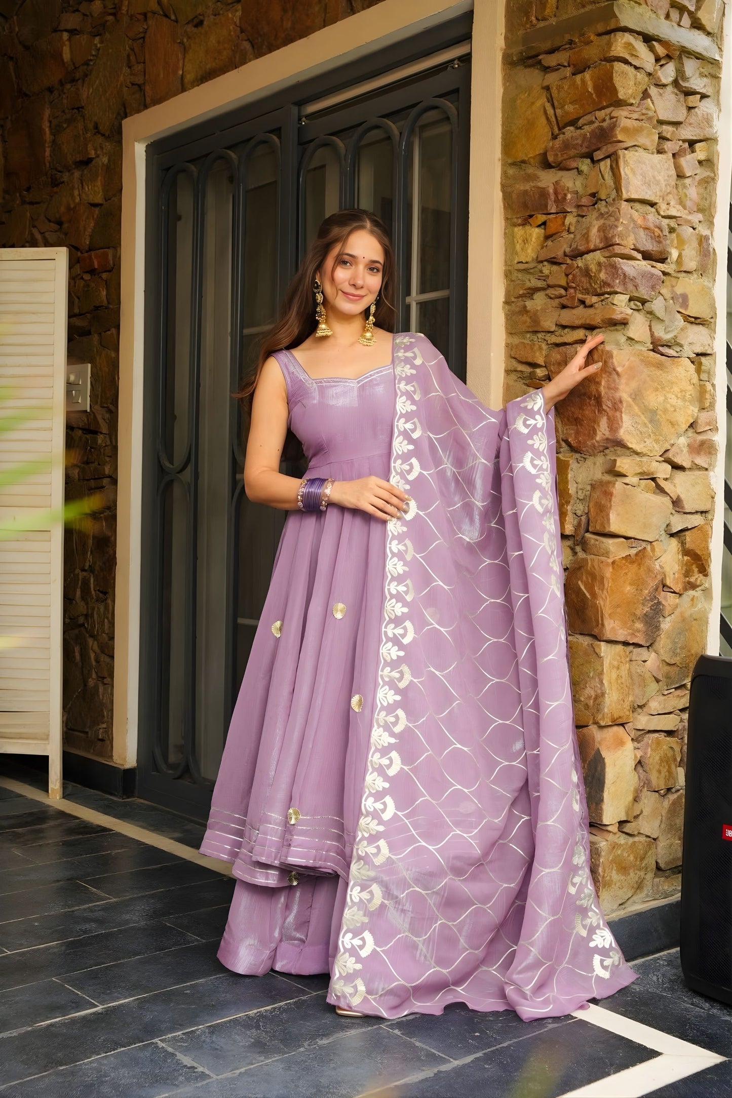 Premium Lavender Soft Chiffon Complete Handmade Gottapatti Work Anarkali Suit