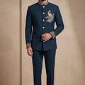 Royal Teal Blue Wedding Jodhpuri Suit for Men with Embroidered Peacock Motif