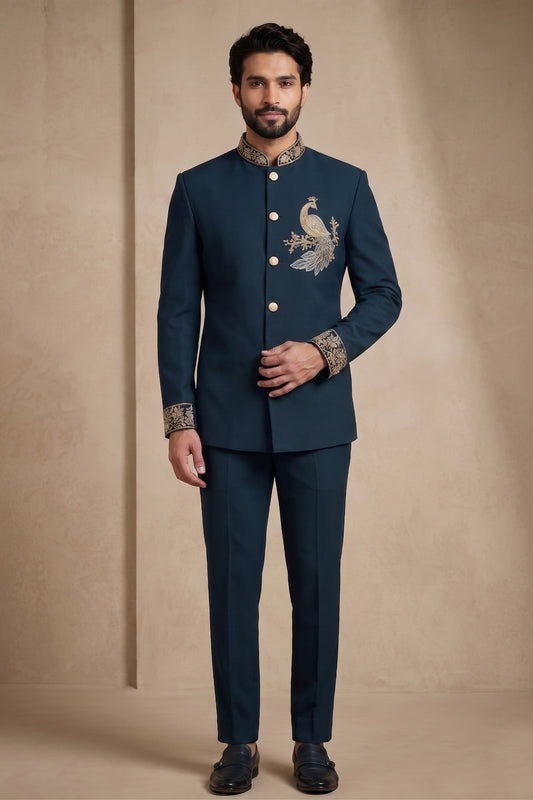 Royal Teal Blue Wedding Jodhpuri Suit for Men with Embroidered Peacock Motif