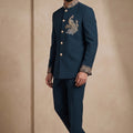 Royal Teal Blue Wedding Jodhpuri Suit for Men with Embroidered Peacock Motif