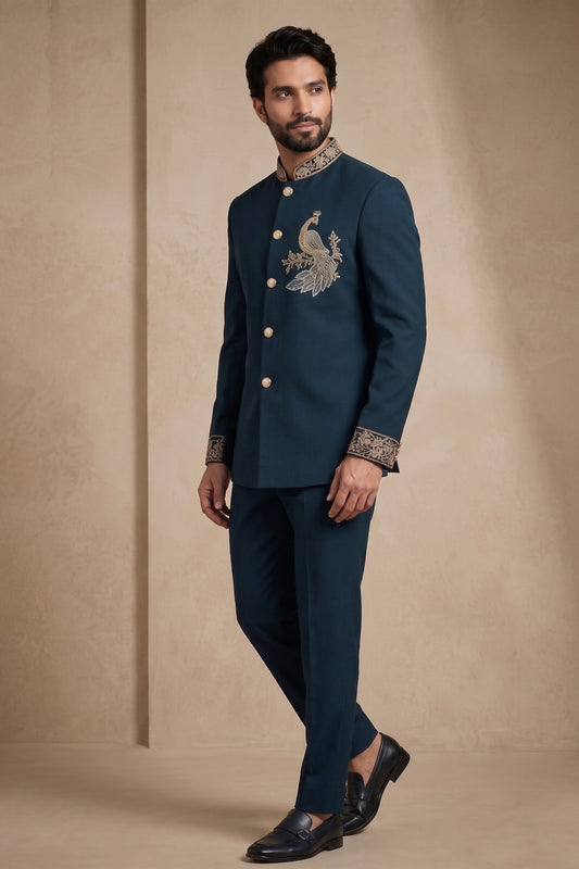 Royal Teal Blue Wedding Jodhpuri Suit for Men with Embroidered Peacock Motif