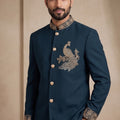 Royal Teal Blue Wedding Jodhpuri Suit for Men with Embroidered Peacock Motif
