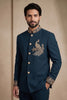 Royal Teal Blue Wedding Jodhpuri Suit for Men with Embroidered Peacock Motif