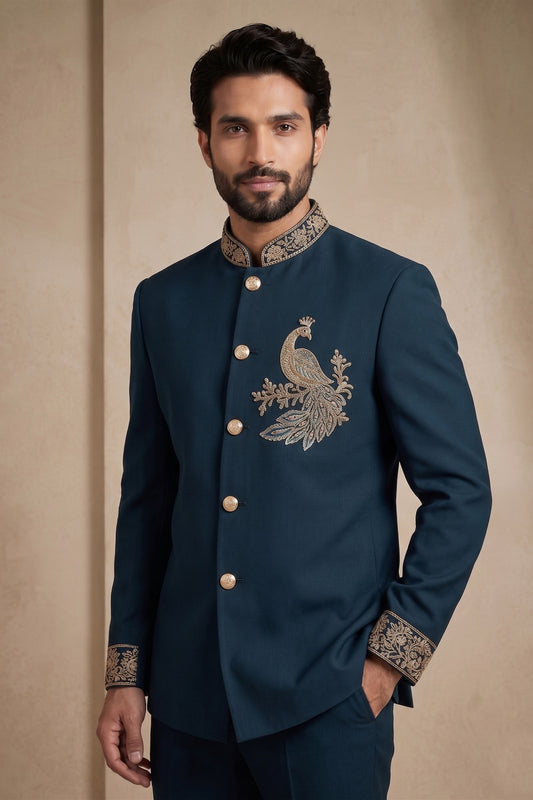 Royal Teal Blue Wedding Jodhpuri Suit for Men with Embroidered Peacock Motif