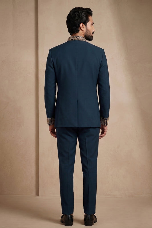 Royal Teal Blue Wedding Jodhpuri Suit for Men with Embroidered Peacock Motif