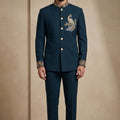 Royal Teal Blue Wedding Jodhpuri Suit for Men with Embroidered Peacock Motif