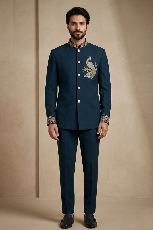 Royal Teal Blue Wedding Jodhpuri Suit for Men with Embroidered Peacock Motif