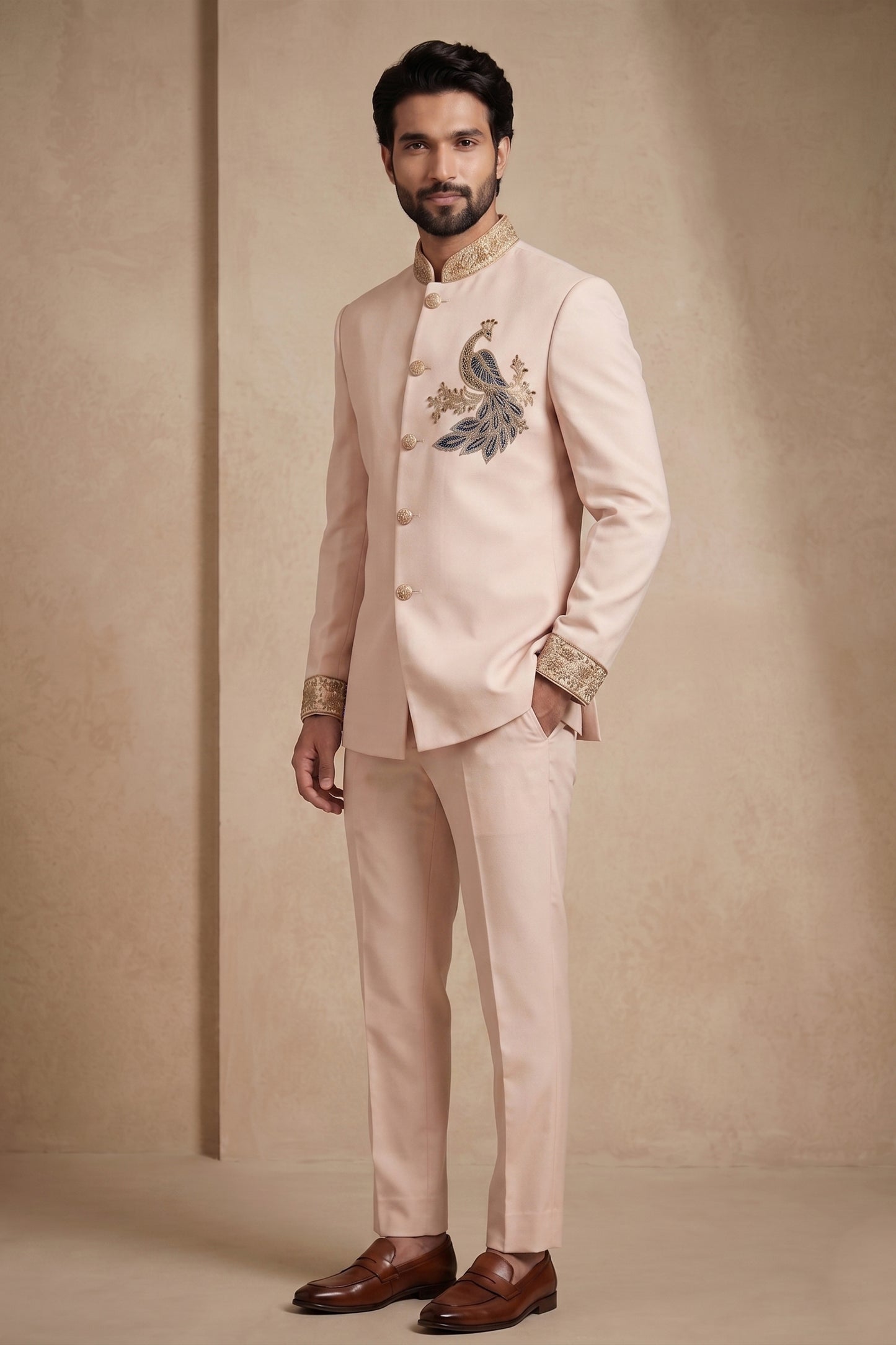 Elegant Pink Wedding Jodhpuri Suit for Men with Embroidered Peacock Motif