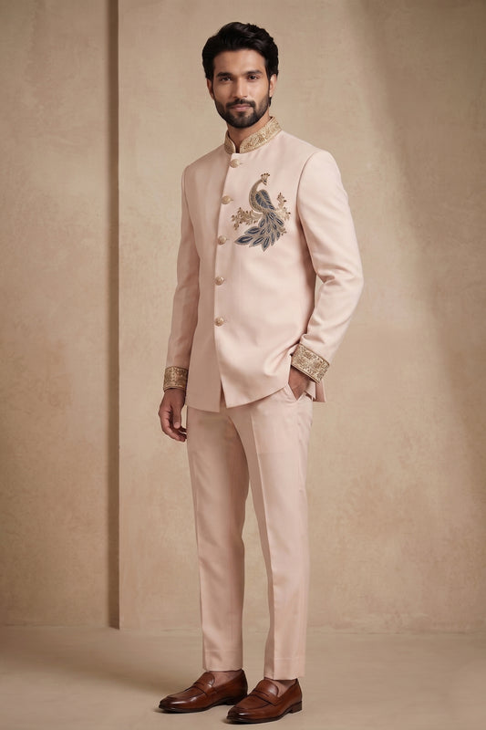 Elegant Pink Wedding Jodhpuri Suit for Men with Embroidered Peacock Motif