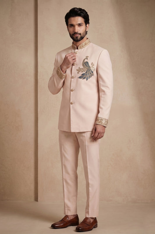 Elegant Pink Wedding Jodhpuri Suit for Men with Embroidered Peacock Motif