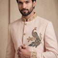 Elegant Pink Wedding Jodhpuri Suit for Men with Embroidered Peacock Motif