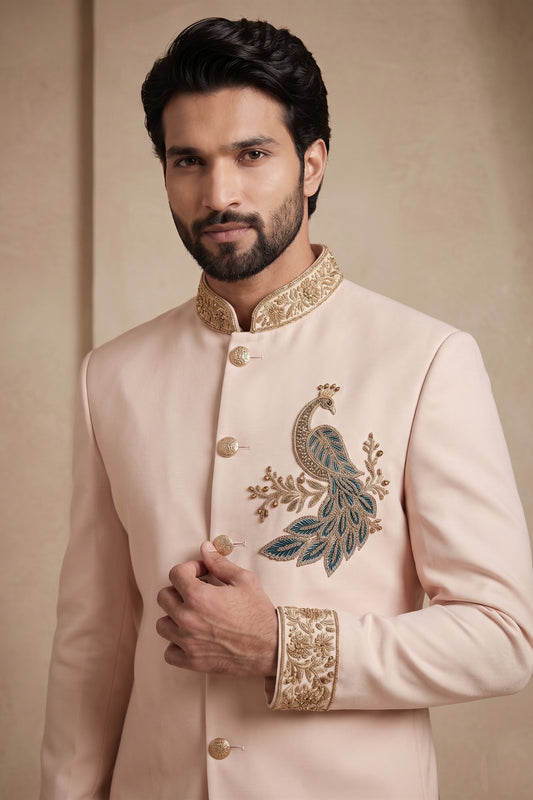 Elegant Pink Wedding Jodhpuri Suit for Men with Embroidered Peacock Motif
