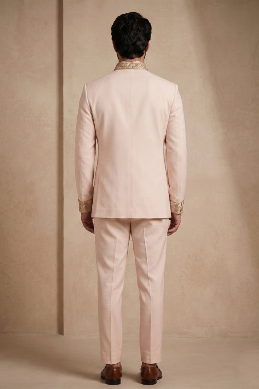 Elegant Pink Wedding Jodhpuri Suit for Men with Embroidered Peacock Motif