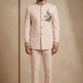 Elegant Pink Wedding Jodhpuri Suit for Men with Embroidered Peacock Motif