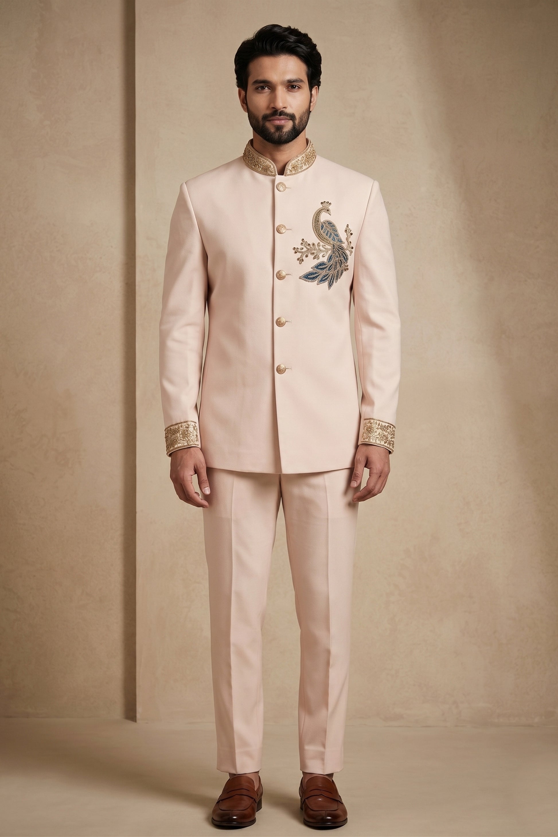 Elegant Pink Wedding Jodhpuri Suit for Men with Embroidered Peacock Motif
