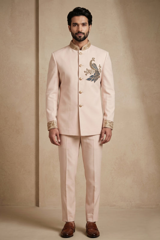 Elegant Pink Wedding Jodhpuri Suit for Men with Embroidered Peacock Motif