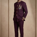 Stunning Maroon Wedding Jodhpuri Suit for Men with Embroidered Peacock Motif