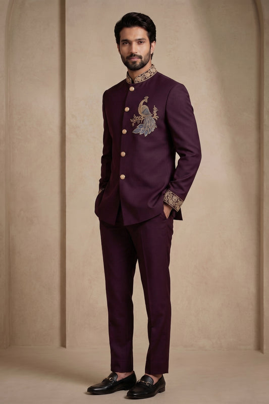Stunning Maroon Wedding Jodhpuri Suit for Men with Embroidered Peacock Motif