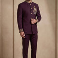 Stunning Maroon Wedding Jodhpuri Suit for Men with Embroidered Peacock Motif