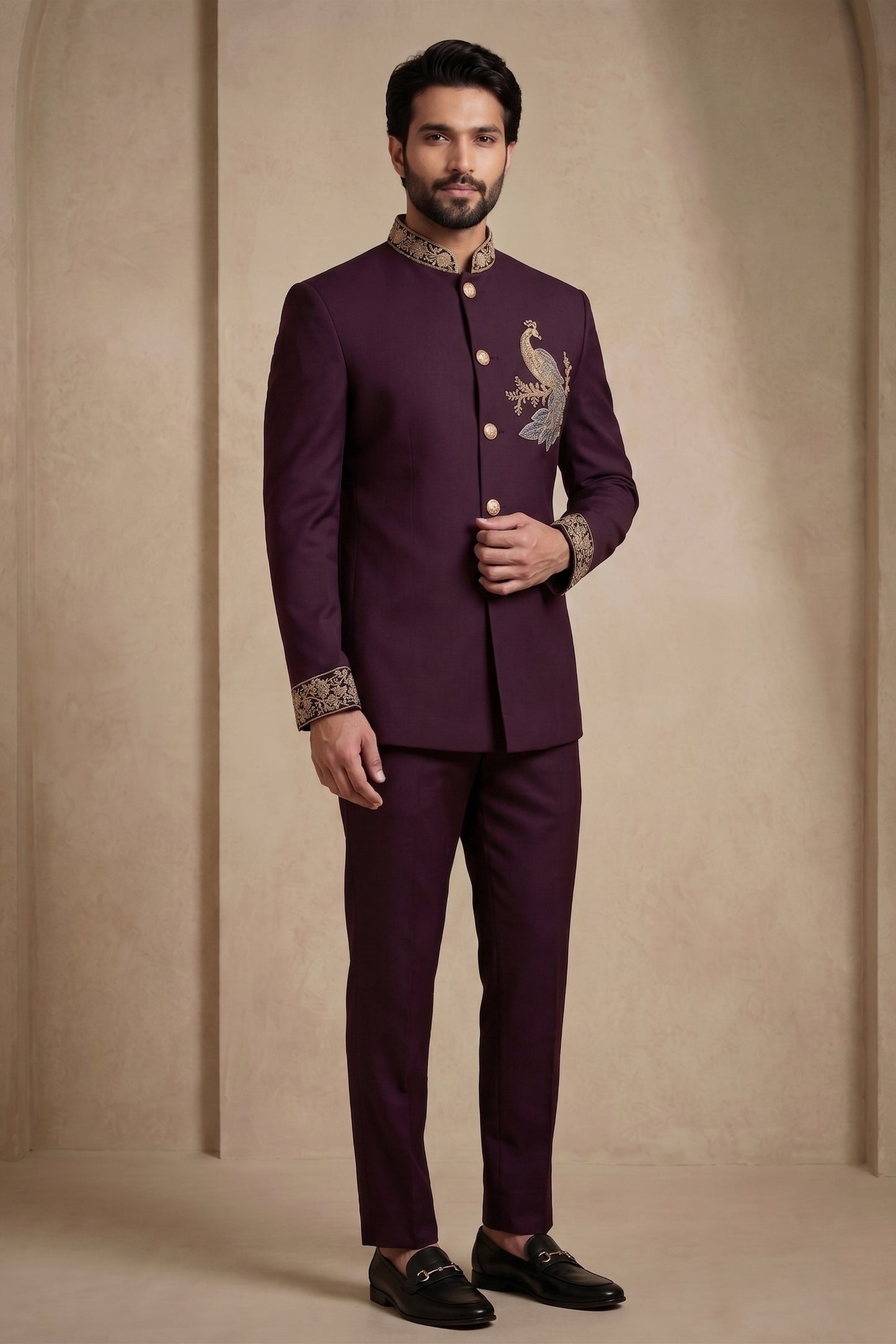 Stunning Maroon Wedding Jodhpuri Suit for Men with Embroidered Peacock Motif