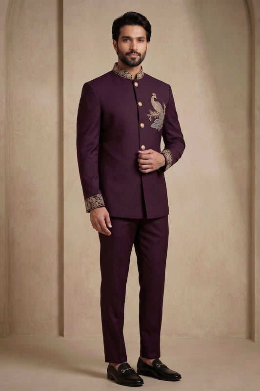 Stunning Maroon Wedding Jodhpuri Suit for Men with Embroidered Peacock Motif