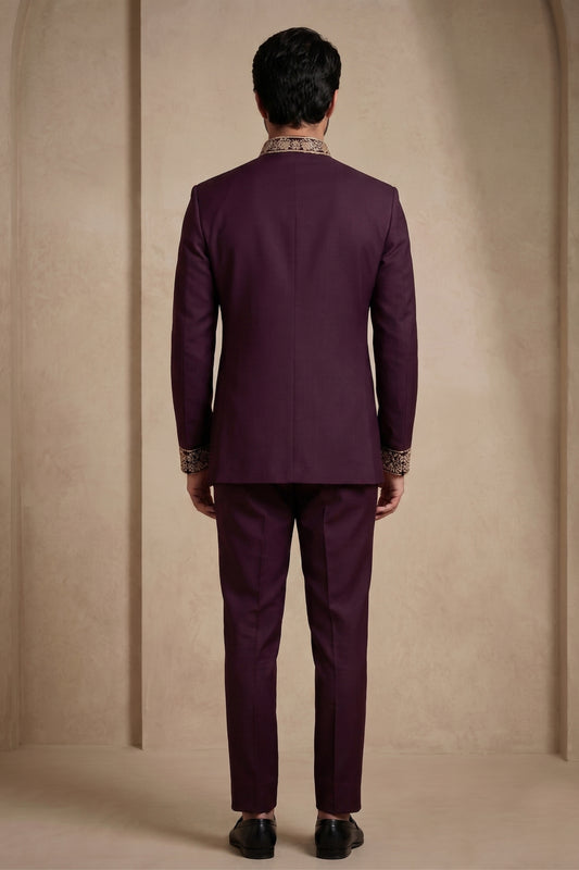 Stunning Maroon Wedding Jodhpuri Suit for Men with Embroidered Peacock Motif