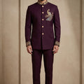 Stunning Maroon Wedding Jodhpuri Suit for Men with Embroidered Peacock Motif