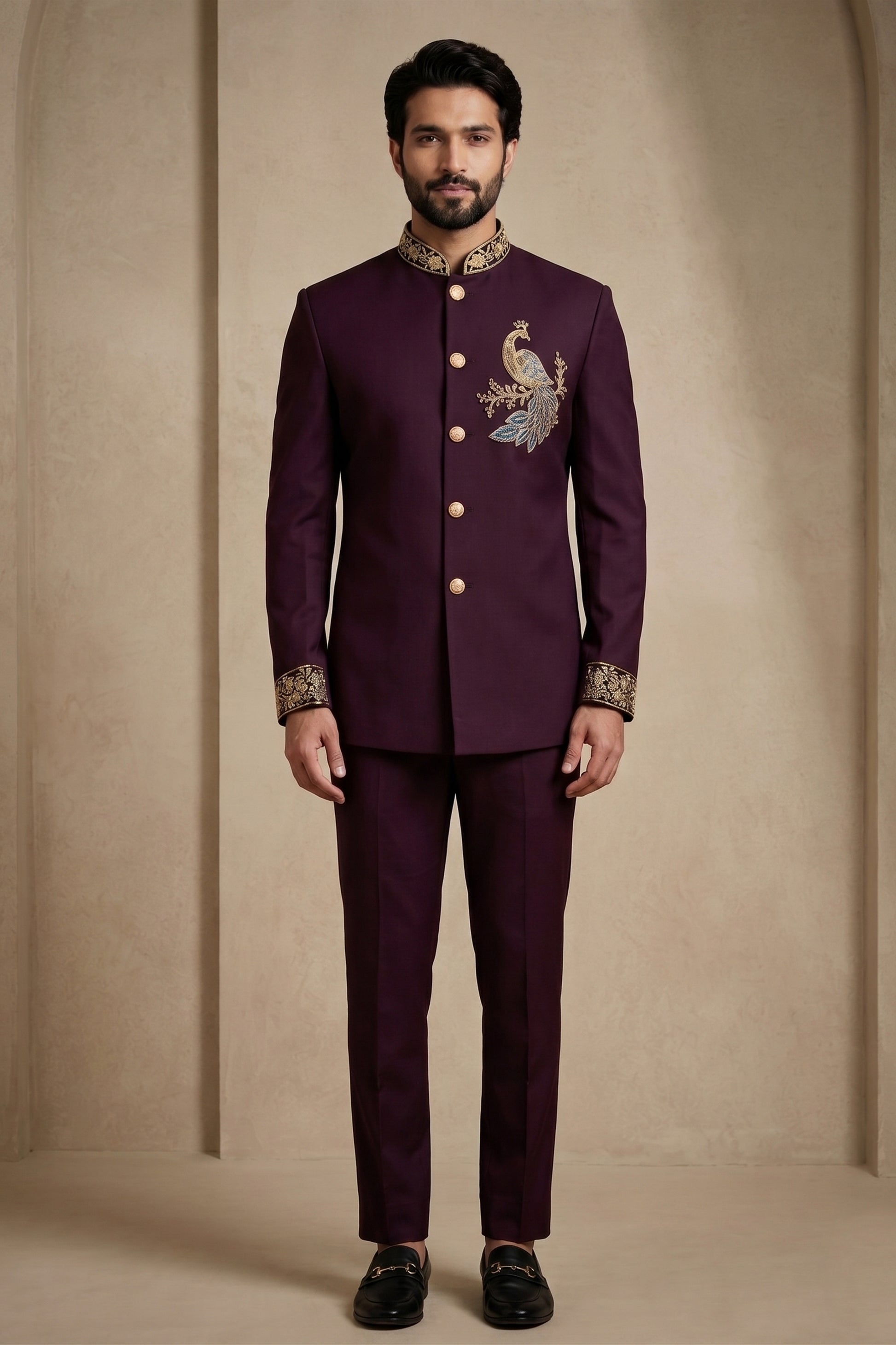 Stunning Maroon Wedding Jodhpuri Suit for Men with Embroidered Peacock Motif