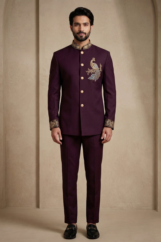 Stunning Maroon Wedding Jodhpuri Suit for Men with Embroidered Peacock Motif