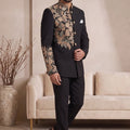 Stylish Black Wedding Jodhpuri Suit for Men with Floral Embroidery Work