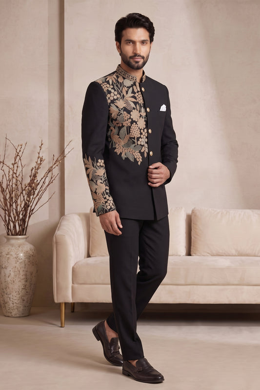Stylish Black Wedding Jodhpuri Suit for Men with Floral Embroidery Work